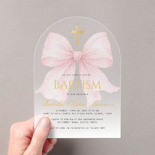 Invitations En Acrylique Baptême Fille Ruban Rose Croix Or Faux Script Ombr