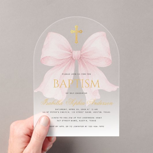 Invitations En Acrylique Baptême Fille Ruban Rose Croix Or Faux Script Ombr (In situ (ordinateur de poche))
