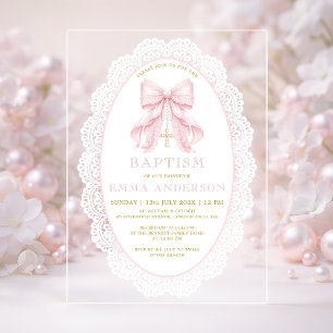 Invitations En Acrylique Baptême Fille Ruban Rose Élégant & Croix
