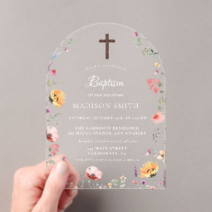 Invitations En Acrylique Baptême Fleur sauvage élégant