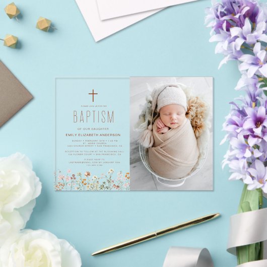 Invitations En Acrylique Baptême fleur sauvage Jardin Photo En Fleur (Insitu (Mariage))