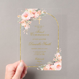 Invitations En Acrylique Baptême floral à fleurs de pêcher