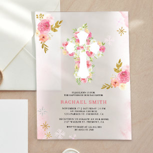 Invitations En Acrylique Baptême floral aquarelle rose doré