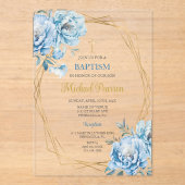Invitations En Acrylique Baptême floral bleu (Recto)