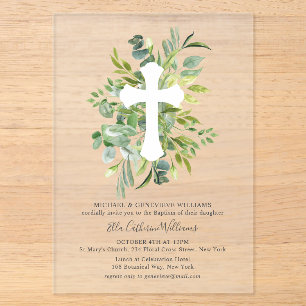 Invitations En Acrylique Baptême floral botanique de la croix de verdure