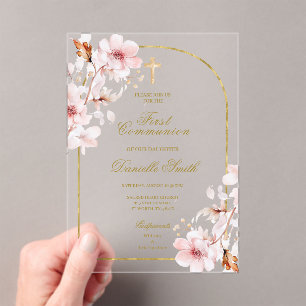 Invitations En Acrylique Baptême floral de la fleur de cerisiers