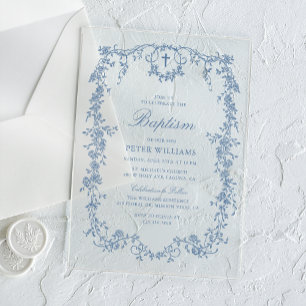 Invitations En Acrylique Baptême Garçon Fleurs Bleues Vintage