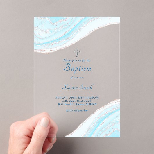 Invitations En Acrylique Baptême marbre bleu pastel (In situ (ordinateur de poche))