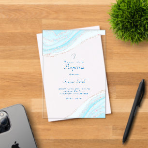 Invitations En Acrylique Baptême marbre bleu pastel