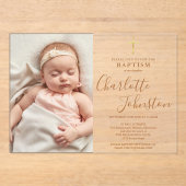 Invitations En Acrylique Baptême moderne Christening Golden Script Photo (Recto)