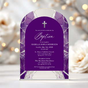 Invitations En Acrylique Baptême Moderne Élégant Agate Argent Violet