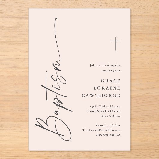 Invitations En Acrylique Baptême Moderne Élégant Script (Recto)