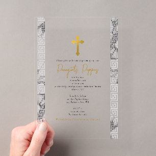 Invitations En Acrylique Baptême orthodoxe clé grecque en marbre