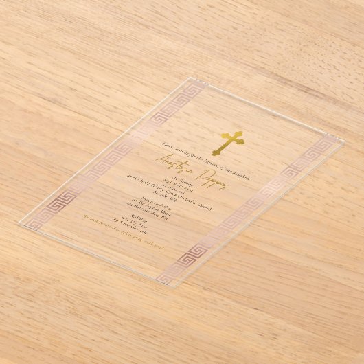 Invitations En Acrylique Baptême orthodoxe clé grecque rose Fille Baptême  (Poser)