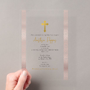 Invitations En Acrylique Baptême Orthodoxe Fille de Clé Grecque Rose
