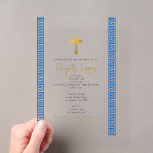 Invitations En Acrylique Baptême orthodoxe grec clé bleue garçon