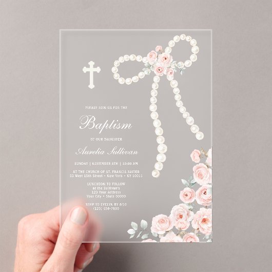 Invitations En Acrylique Baptême Perles et Roses (In situ (ordinateur de poche))