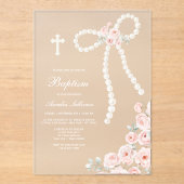Invitations En Acrylique Baptême Perles et Roses (Recto)