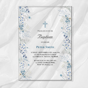 Invitations En Acrylique Baptême petites fleurs d'aquarelle bleue