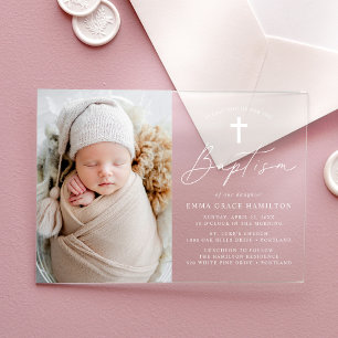 Invitations En Acrylique Baptême photo de style minimaliste moderne blanc