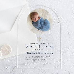 Invitations En Acrylique Baptême photo garçon élégant bleu marine script