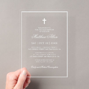Invitations En Acrylique Baptême pour lui Croix Classique Élégante
