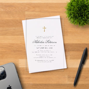 Invitations En Acrylique Baptême pour lui Croix dorée minimaliste