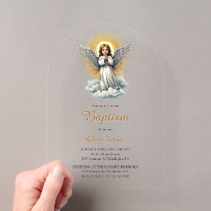 Invitations En Acrylique Baptême Religieux Chrétien Ange Blanc Élégant
