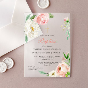 Invitations En Acrylique Baptême Religieux Floral Aquarelle Rose Féminin
