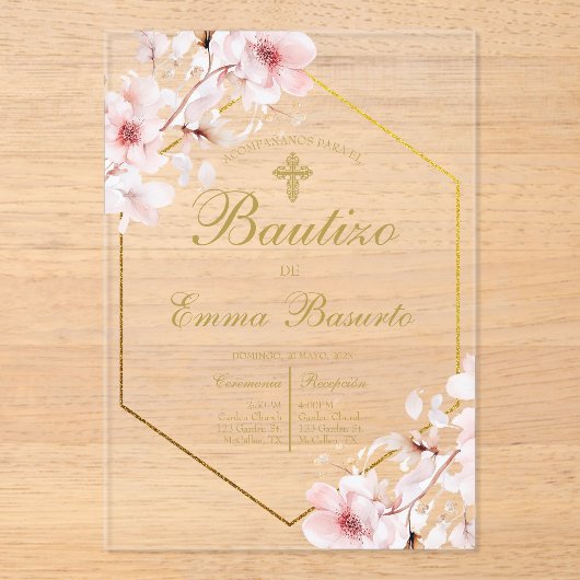 Invitations En Acrylique Baptême rose rousse fille (Recto)