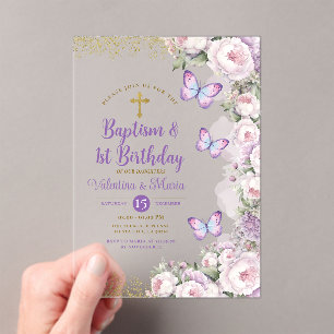 Invitations En Acrylique Baptême Twin & 1er Anniversaire Croix Florale Viol