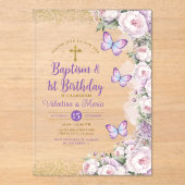 Invitations En Acrylique Baptême Twin & 1er Anniversaire Croix Florale Viol (Recto)