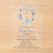 Invitations En Acrylique Baptism blue floral wreath boy bow arch (Recto)