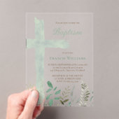 Invitations En Acrylique Baptism green watercolor cross (In situ (ordinateur de poche))