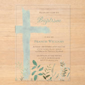 Invitations En Acrylique Baptism green watercolor cross (Recto)