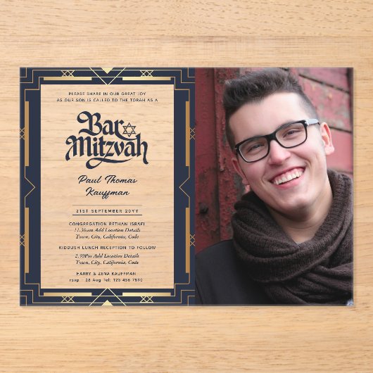 Invitations En Acrylique BAR ACRYLIQUE MITZVAH Photo Blue Gold Elegant (Recto)
