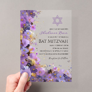 Invitations En Acrylique Bar Mitsva Fleurie Violet et Or