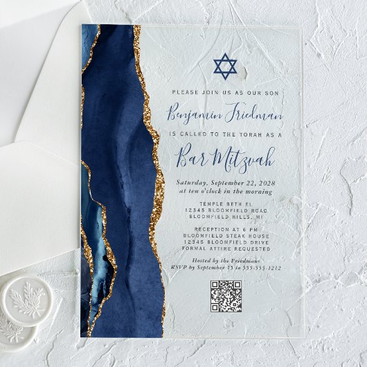 Invitations En Acrylique Bar Mitzvah Code QR Agate Or Navy