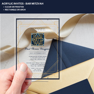 Invitations En Acrylique BAR MITZVAH élégant en acrylique Navy Or Moderne C