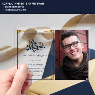 Invitations En Acrylique BAR MITZVAH en acrylique Photo Bleu Or Élégant
