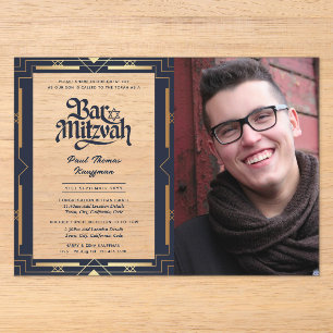 Invitations En Acrylique BAR MITZVAH en acrylique Photo Bleu Or Élégant