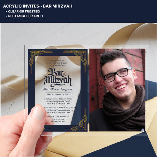 Invitations En Acrylique BAR MITZVAH en ACRYLIQUE Photo Navy Or Elégant