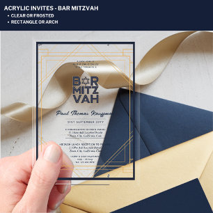 Invitations En Acrylique BAR MITZVAH Moderne Acrylique Navy Or Moderne Clai
