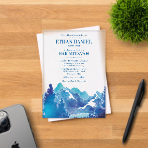 Invitations En Acrylique Bar Mitzvah Montagne Majestueuse Bleue Aquarelle