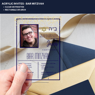 Invitations En Acrylique BAR MITZVAH Photo Navy Or Moderne Élégant en ACRYL