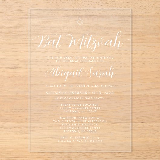 Invitations En Acrylique Bat mitzvah de script de calligraphie moderne (Recto)