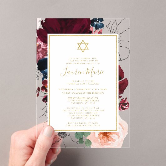 Invitations En Acrylique Bat mitzvah Floral bleu de la marine de Bourgogne (In situ (ordinateur de poche))