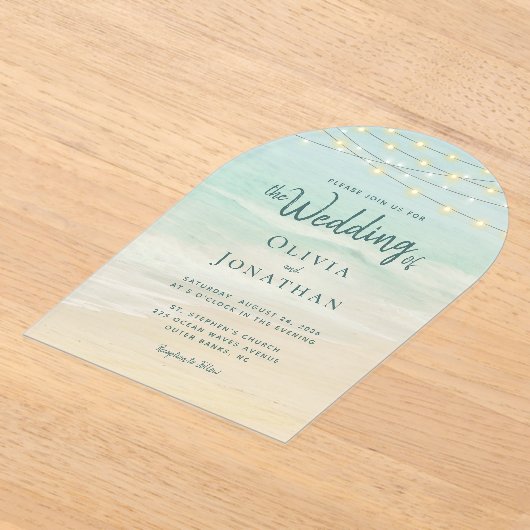 Invitations En Acrylique Beach Ocean String Lights Wedding (Poser)