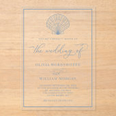 Invitations En Acrylique Beach Seashell Elegant Dusty Blue Mariage (Recto)