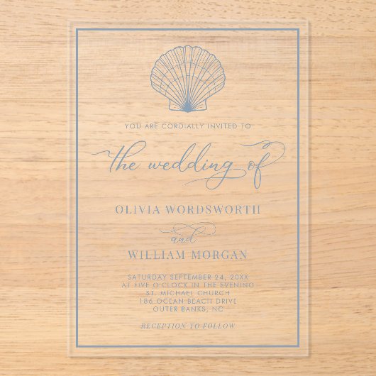 Invitations En Acrylique Beach Seashell Elegant Dusty Blue Mariage (Recto)